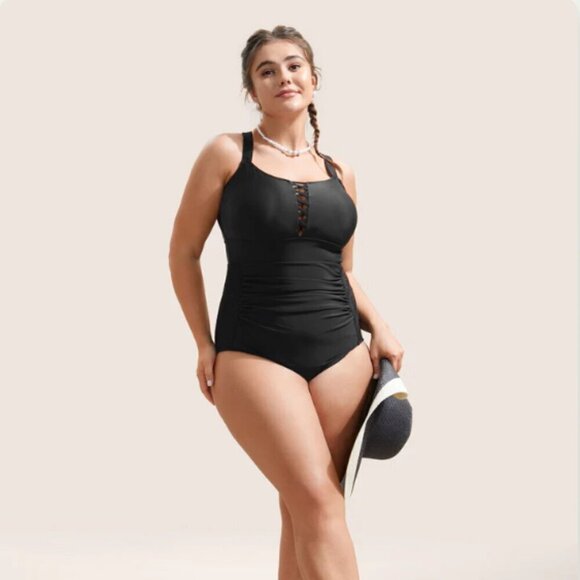 BloomChic Plus Size Solid Gathered Crisscross One-Pice Bathing Suits - Picture 4 of 6